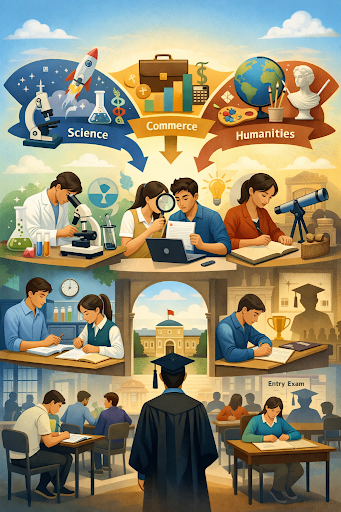 Students exploring science, commerce, and humanities pathways