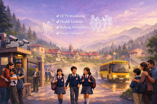 Students entering a secure school campus with safety systems