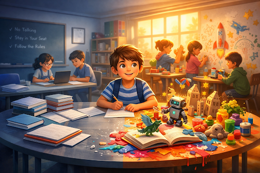Child engaging in imaginative play alongside schoolwork