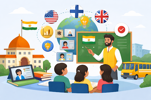 Students learning through global teaching methods in classroom