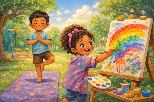 Children doing yoga and painting for holistic development