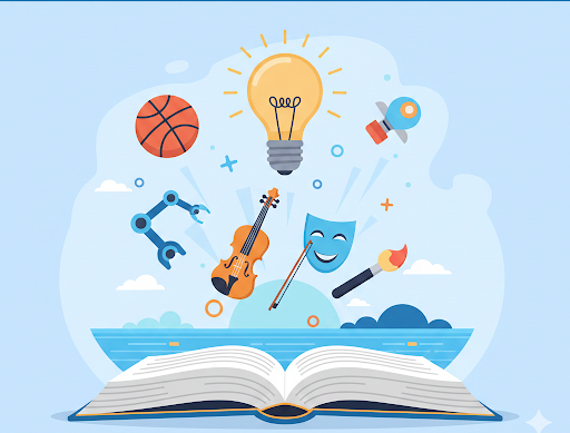 Icons of academics, arts and sports symbolizing child development