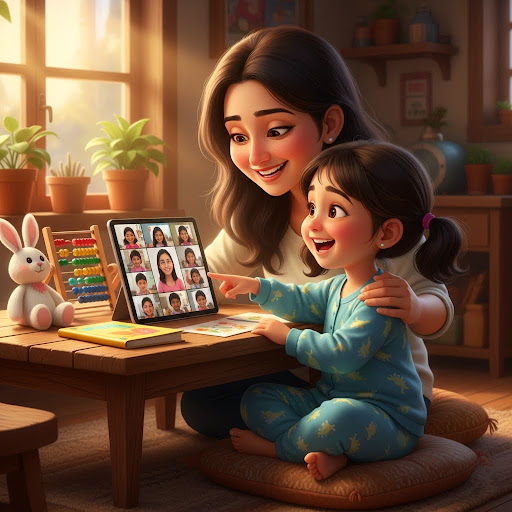Child learning online safely at home with parent support