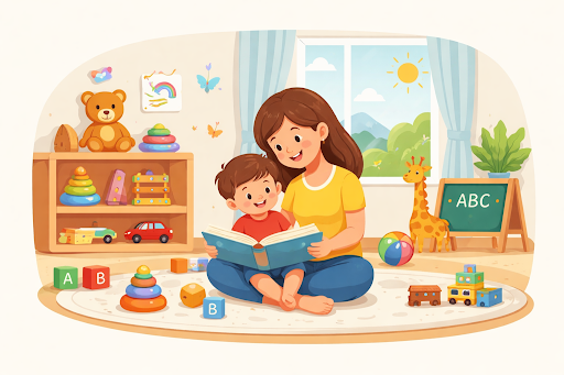 Mother supporting early learning and development at home