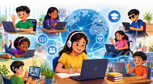Students learning online through digital classrooms and virtual education