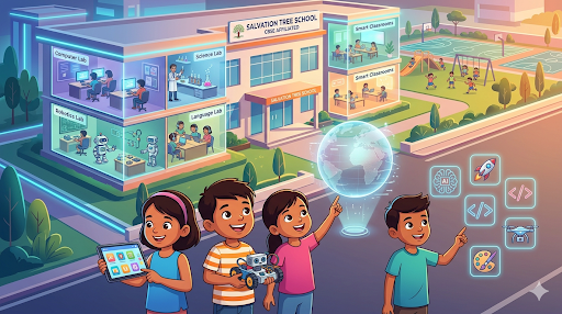 Students exploring tech labs and global learning in a modern school