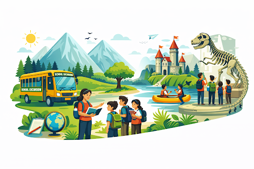 Students on an educational excursion exploring nature and history