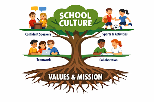 School culture tree rooted in values, showing teamwork and activities