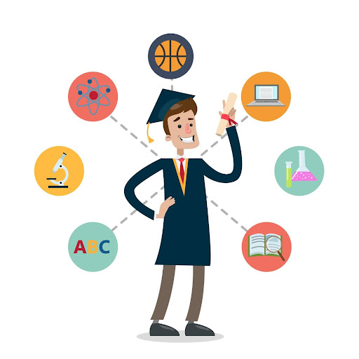Graduate with career icons representing purpose-driven choices