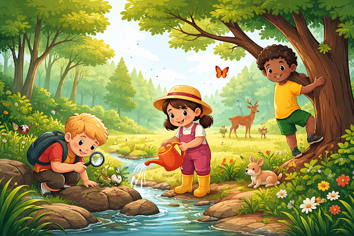 Children exploring nature and learning outdoors in a forest setting