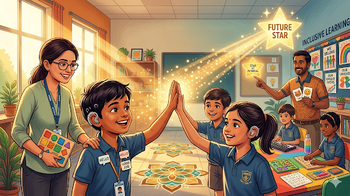 Students celebrating inclusive learning and teamwork in classroom