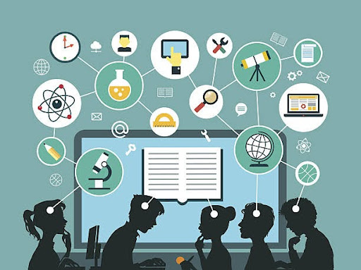 Students learning digitally with educational icons