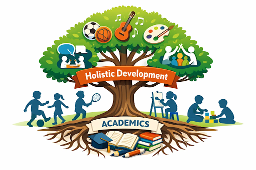 Holistic development tree with academics and activities icons