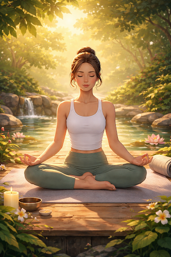 Girl meditating peacefully in a natural outdoor setting