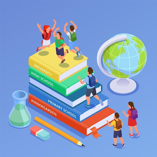 children walking up the steps of books looking like a ladder.