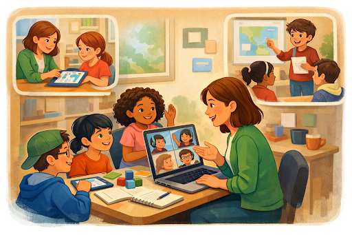 Teacher guiding small group of students in interactive online lesson