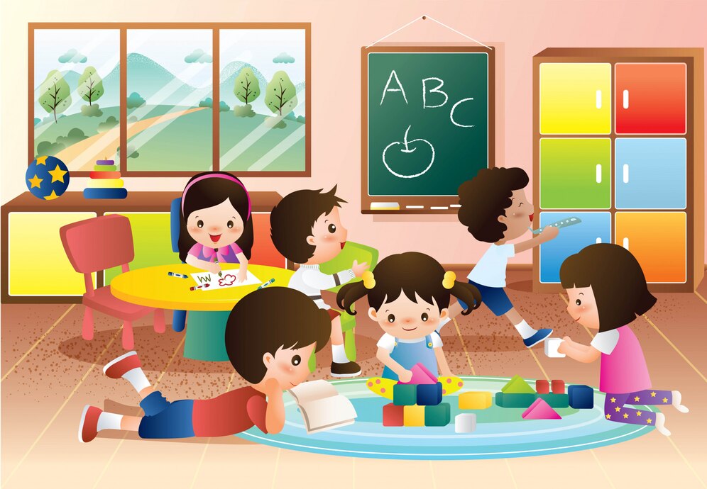 A bunch of montessori kids at the montessori school