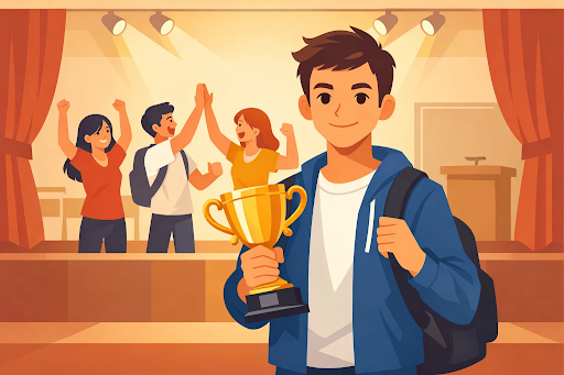 Student holding trophy after winning a competition