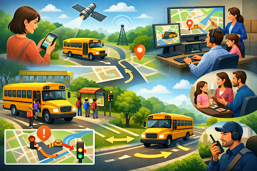 GPS-tracked school buses with live monitoring and safety alerts