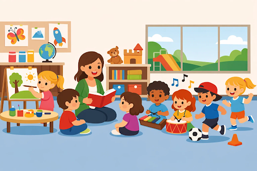 Children engaged in play-based learning in a classroom