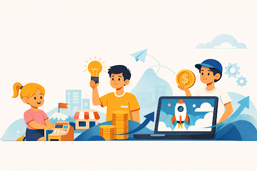 Kids learning entrepreneurship and business concepts creatively