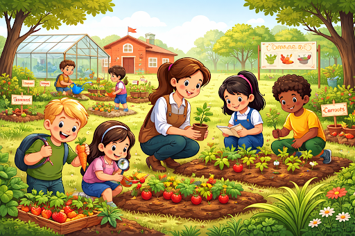 Students learning science and teamwork through school garden farming activities