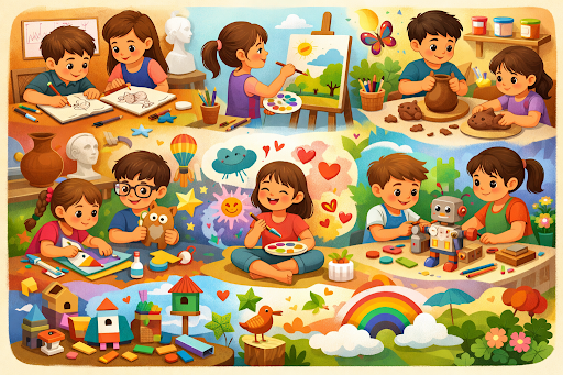 Children engaged in creative art and craft activities in a classroom