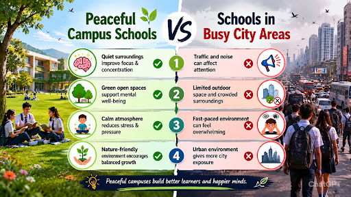 Comparison of peaceful school campuses and crowded city school environments