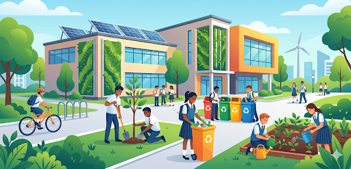 Students practicing sustainability in a green school campus