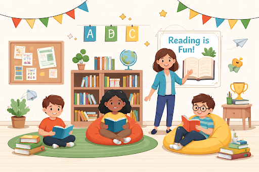 Teacher guiding students during a dedicated classroom reading session