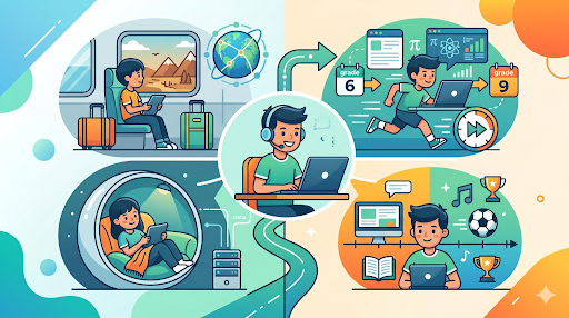 Online learning journey showing flexibility and skill development